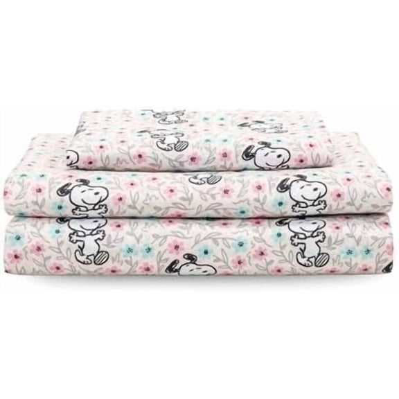 Peanuts® Kids Sheet Set, Twin Size - 3 Pieces, Peanuts® Mini Snoopy Spring Floral Happy Dance Soft Grey, Cute Character Snoopy Printed Soft Microfiber Bed Sheets
