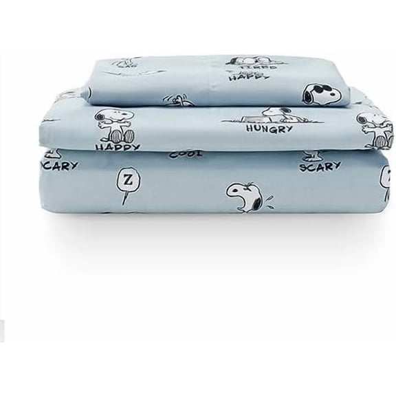 Peanuts® Kids Sheet Set, Twin Size - 3 Pieces, Peanuts® Snoopy Different Emotion Sheet Scale Murky Blue, Cute Character Snoopy Printed Soft Microfiber Bed Sheets
