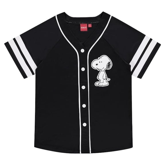 Peanuts Ladies Snoopy Baseball Jersey, Button Down Mesh Baseball Shirt Black – XS