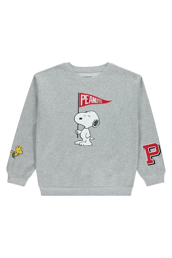 Ladies Snoopy Sweatshirt, Patch Embroidery Peanuts Sweatshirt Light Grey - XL