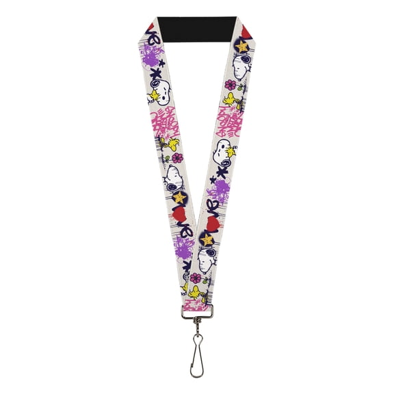 Peanuts Lanyard, Peanuts Snoopy and Woodstock Graffiti Collage Multi Color, Elastic