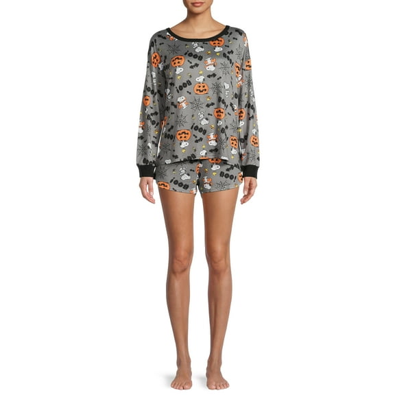 Peanuts Long Sleeve Round Neck Graphic Print Pajamas (Women's or Women's Plus) 2 Piece Set