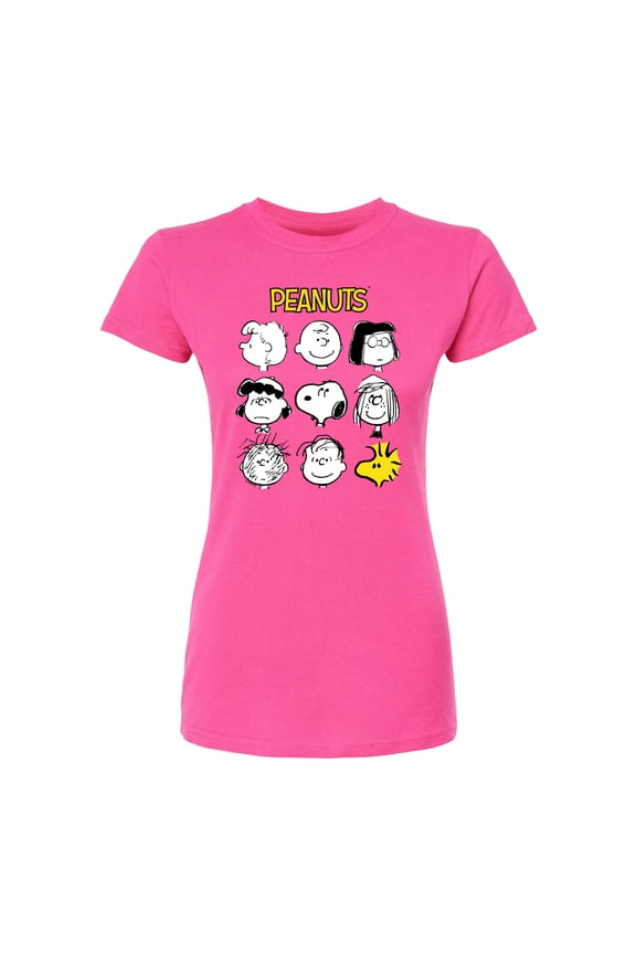 - Many Faces Of Snoopy And Friends - Juniors Fitted Graphic T-Shirt