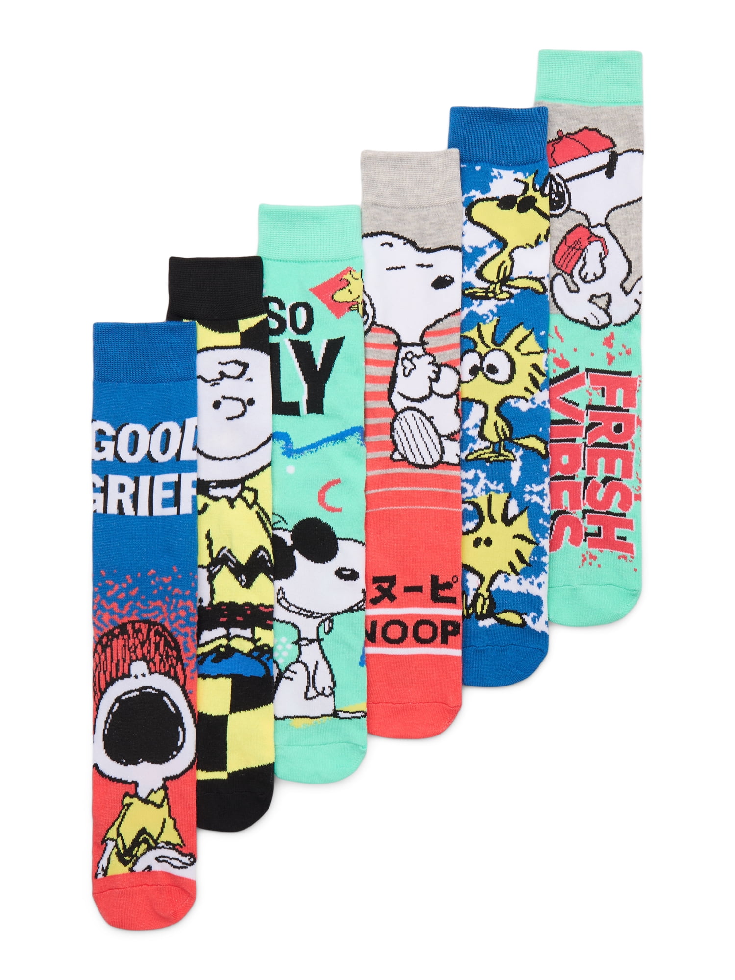 Peanuts Charlie Brown and Snoopy Crew Socks, 6-Pack