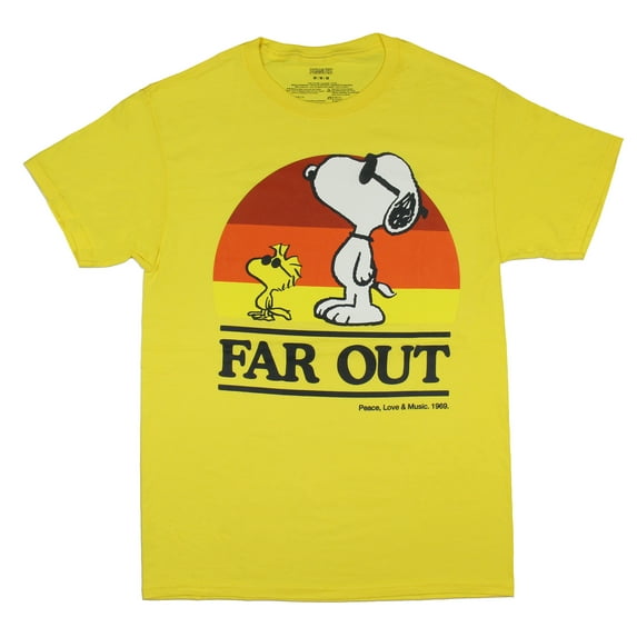 Peanuts Men's Cool Snoopy Woodstock Far Out Peace Love Music 1969 Graphic Tee Adult Crewneck Short Sleeve T-Shirt