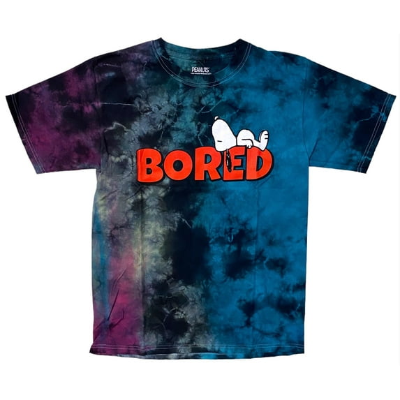 Peanuts Men's Officially Licensed Tie Dye Snoopy Charlie Brown Woodstock Tee T-Shirt (Small, Aqua/Purple Snoopy Bored)
