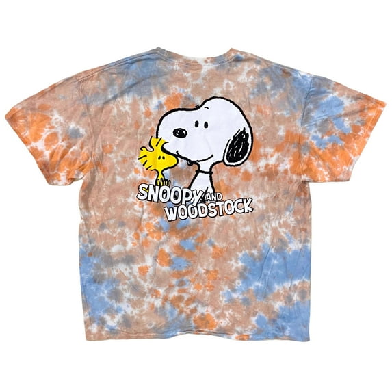 Peanuts Men's Officially Licensed Tie Dye Snoopy Charlie Brown Woodstock Tee T-Shirt (X-Large, Orange/Blue Snoopy and Woodstock)