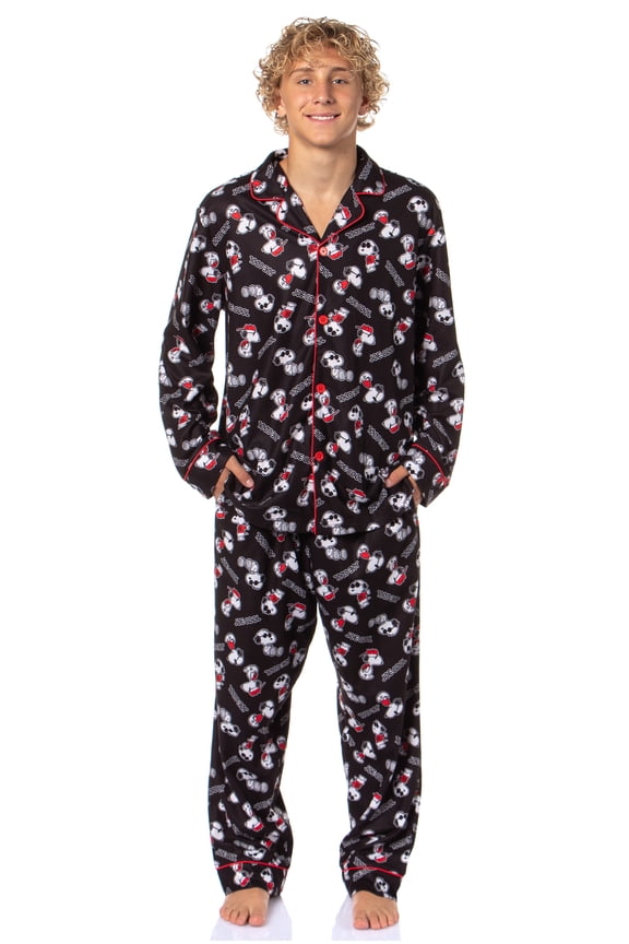 Peanuts Men's Snoopy Joe Cool Classic Pajama Button-up Coat Top with Pants Lounge Sleep Set