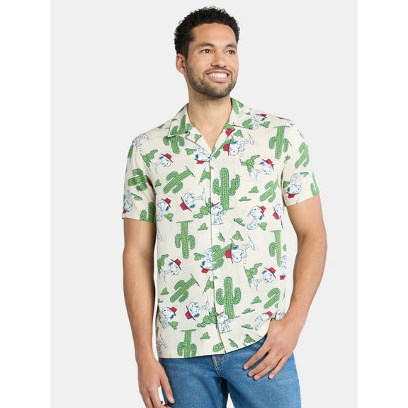 Peanuts Men's and Big Men's Spike Snoopy Desert Button Down Hawaiian Shirt, Sizes XS-5XL