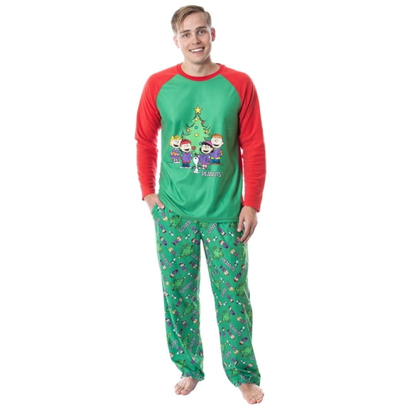 Peanuts Mens' Christmas Holiday Season Caroling Charlie Brown Snoopy and Friends Raglan Sleeve 2PC Sleep Pajama Set