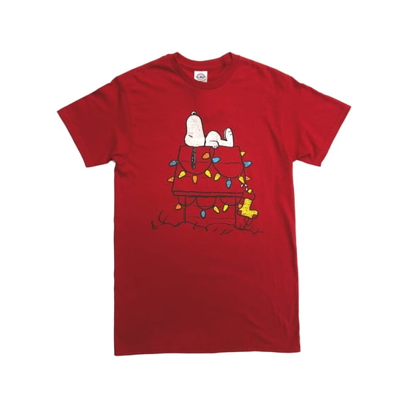 Peanuts Mens Red Snoopy Dog Christmas Holiday Lights T-Shirt Tee Shirt Small