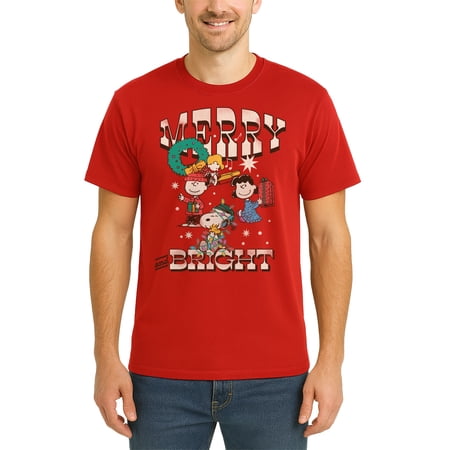 Peanuts Merry and Bright Mens's and Big Men's Holiday Graphic Tee, Sizes S-2XL