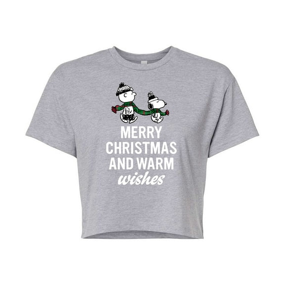 Peanuts - Merry Xmas Warm Wishes - Juniors Cropped Cotton Blend T-Shirt