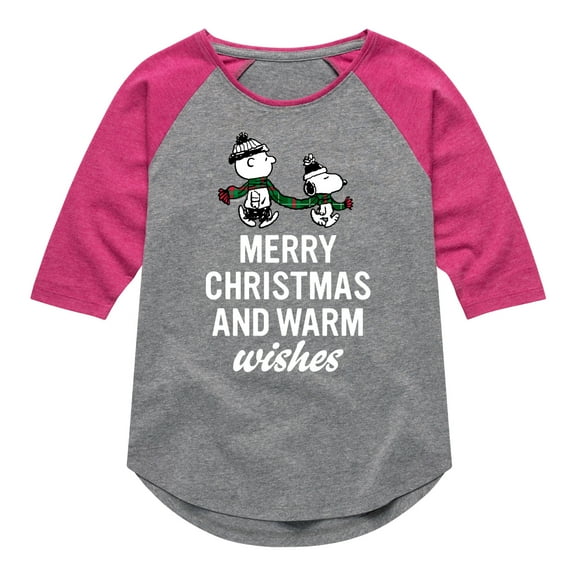 Peanuts - Charlie Brown & Snoopy Merry Christmas Warm Wishes - Toddler And Youth Girls Raglan Graphic T-Shirt