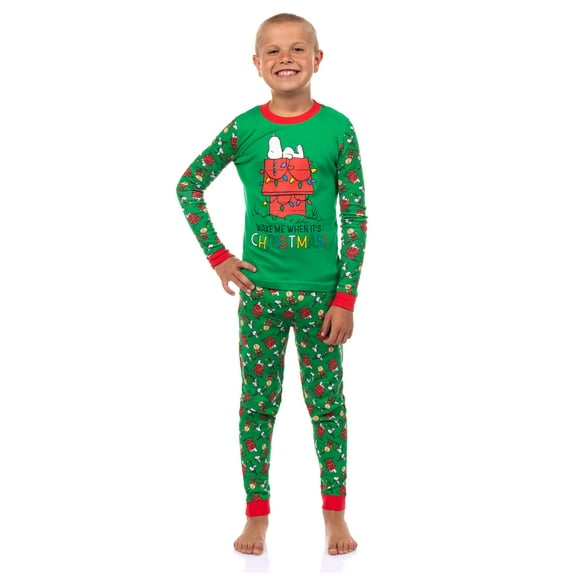 Peanuts Pajamas Boy's Snoopy Wake Me When It's Christmas Tight Fit Long Sleeve Shirt and Pant Set