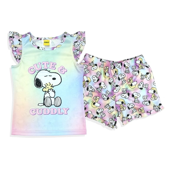 Peanuts Pajamas Toddler Girls Snoopy and Woodstock Cute & Cuddly Ruffled Short Sleep Set