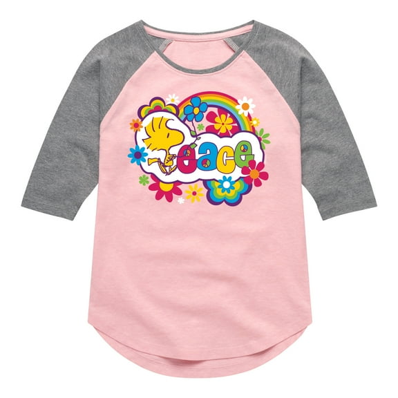 Peanuts - Peace Floral & Colorful Woodstock - Toddler & Youth Girls Raglan Graphic T-Shirt