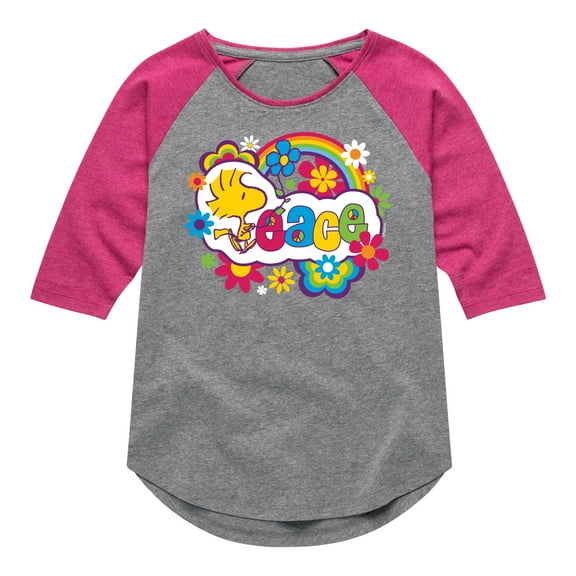 Peanuts - Peace Floral & Colorful Woodstock - Toddler & Youth Girls Raglan Graphic T-Shirt