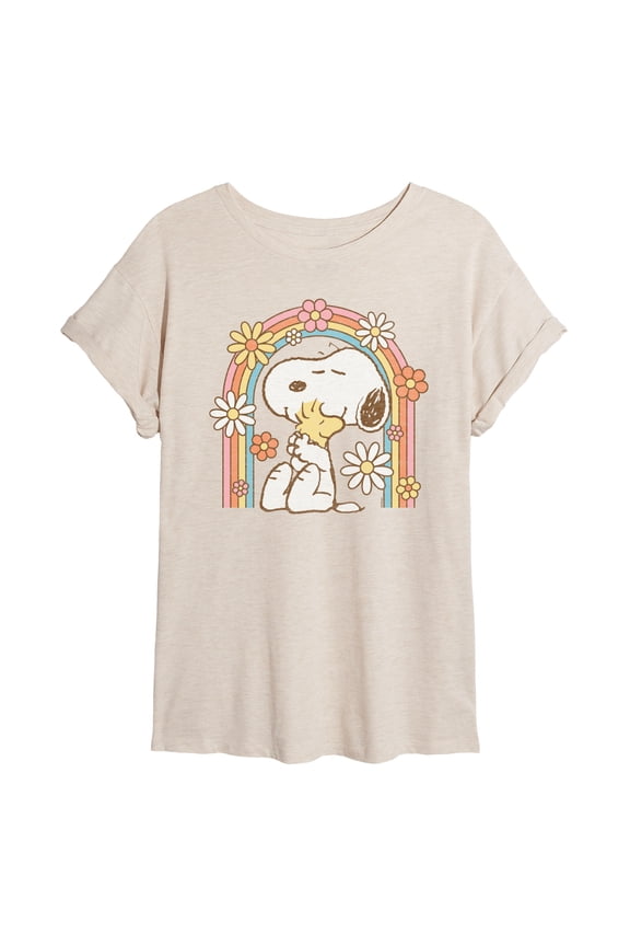 - Retro Flower Rainbow - Juniors Oversized Graphic T-Shirt