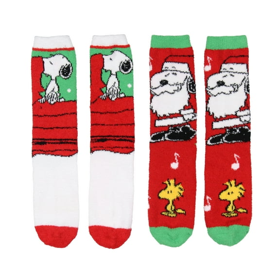 Peanuts Santa Snoopy And Woodstock Christmas Adult Fuzzy Plush Crew Socks 2 Pack For Women Men