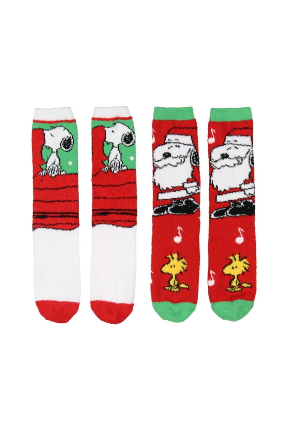 Peanuts Santa Snoopy And Woodstock Christmas Adult Fuzzy Plush Crew Socks 2 Pack For Women Men