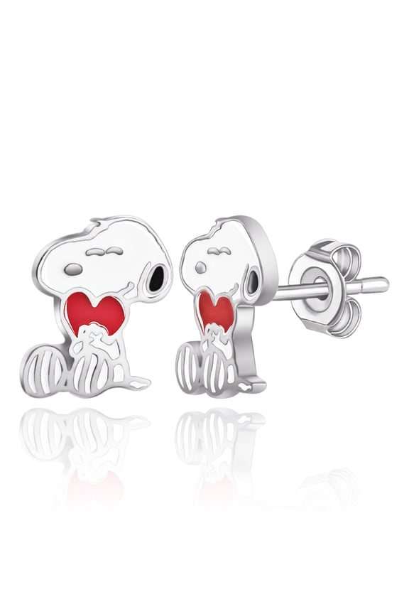 Silver Plated and Enamel Snoopy with Heart Stud Earrings