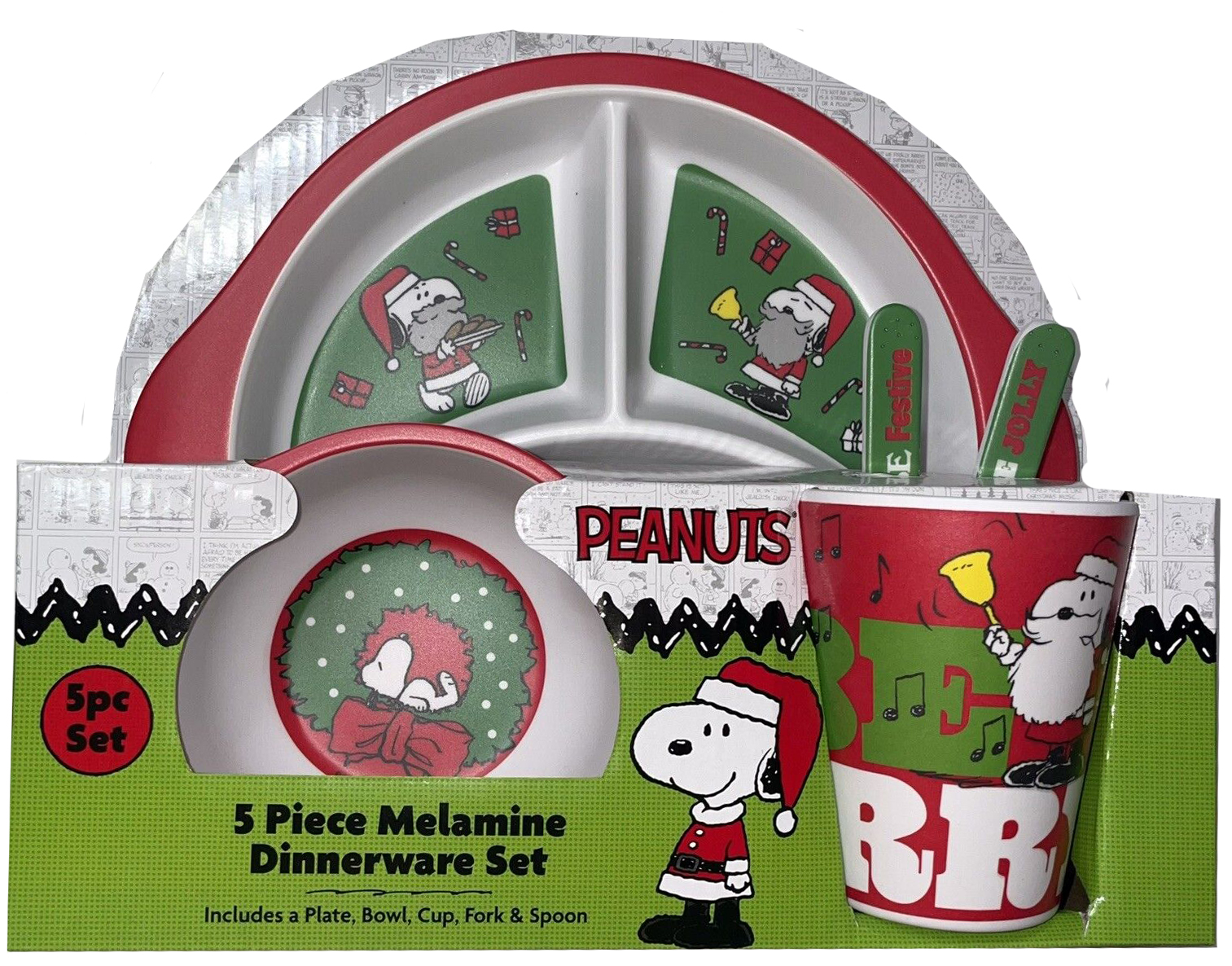Peanuts Snoopy 5pc Melamine Dinnerware Set Christmas Tis the Season