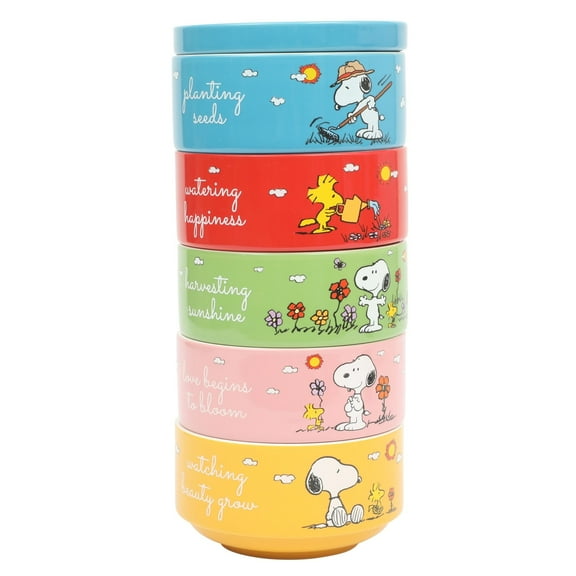 Peanuts Snoopy 6 Pack Stackable 5.5" Decorated Stoneware Bowl Set W/ Plate