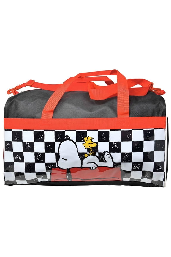 Peanuts Snoopy and Woodstock Checkered Duffle Bag, for Travel, School, Sports, Daycare, or Vacation