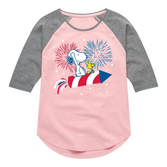 Peanuts - Snoopy And Woodstock Fireworks - Toddler & Youth Girls Raglan Graphic T-Shirt