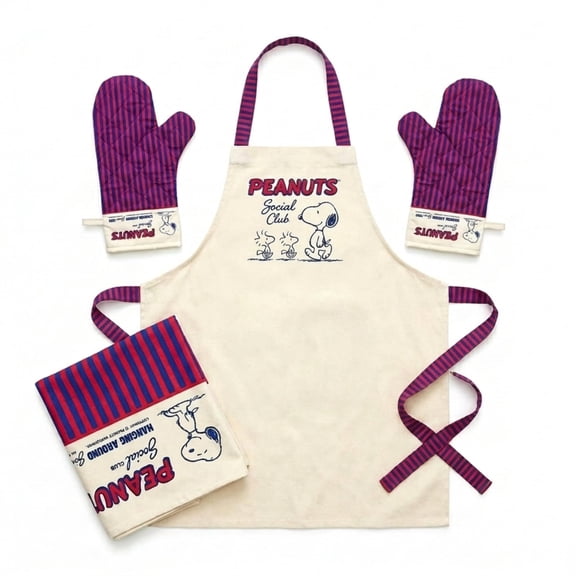 Peanuts® Snoopy Apron & Oven Mitt DIY Sewing Kit – 100% Cotton Canvas Fabric Panel 43" x 43" – Makes 22” x 32” Apron & 13” x 8” Mitts – Beginner Friendly Craft Project – Cream/Red