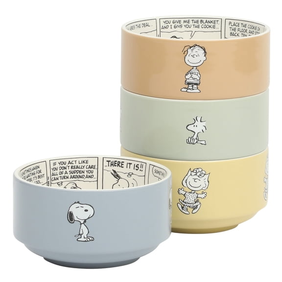 Peanuts Snoopy Bonbon Bites Decorated Stoneware Ceramic Stackable 4 Piece 5.5" Tableware Bowls, Mixed Colors