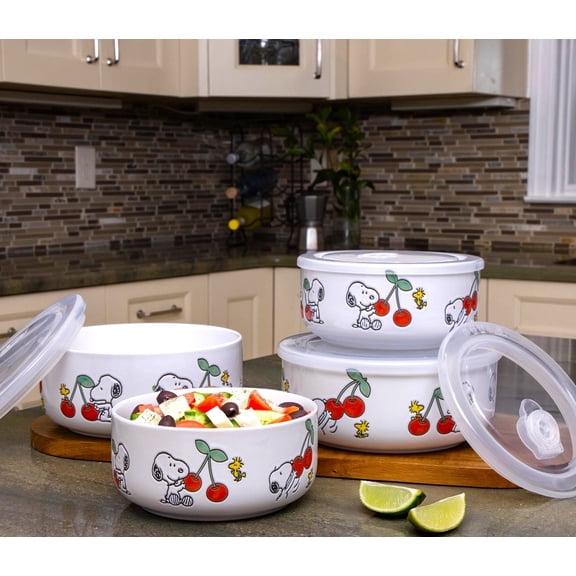Peanuts-Snoopy Ceramic Food Storage Bowls With Venting Lids- 4pack