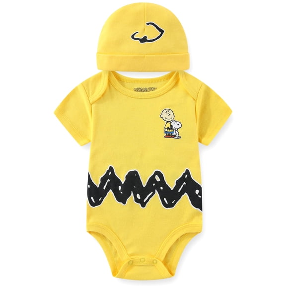 Peanuts Snoopy Charlie Brown Short Sleeve Bodysuit and Hat (Baby Boys), 2 Piece Set, Sizes 3M-18M