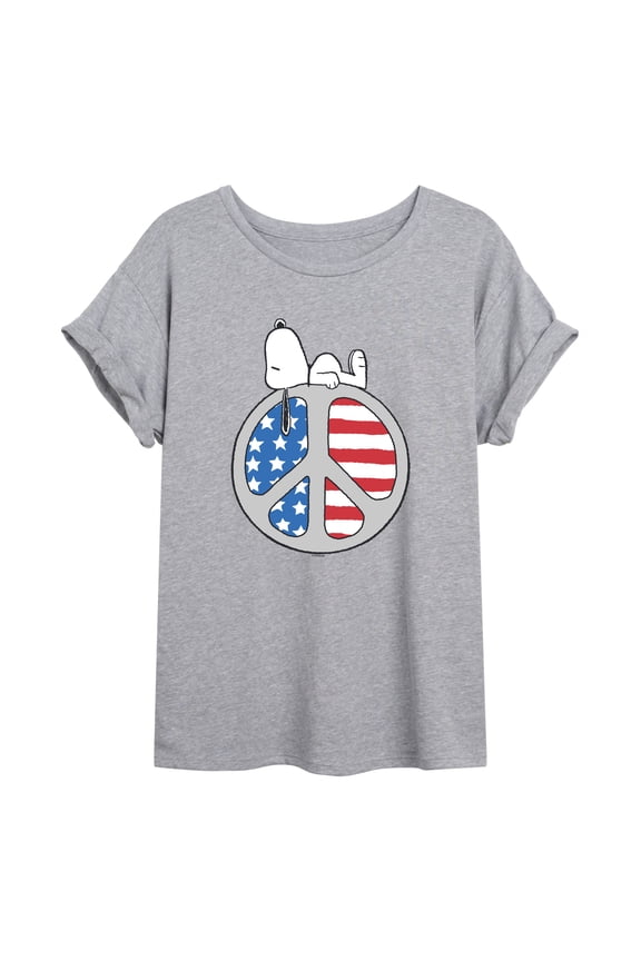 - Snoopy Chill Peace Flag - Juniors Oversized Graphic T-Shirt