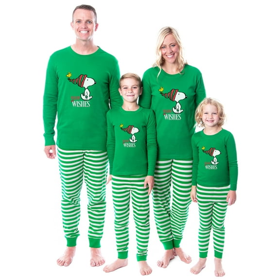 Peanuts Snoopy Christmas Holiday Warm Wishes Tight Fit 2PC Matching Family Pajama Set For Adults Kids Toddlers