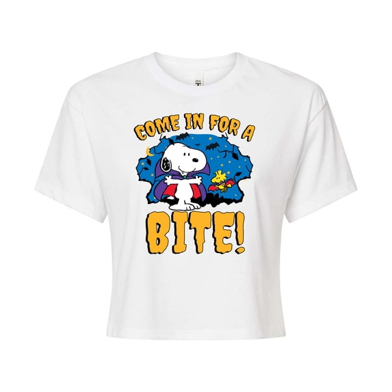 Peanuts - Snoopy Come In For A Bite - Juniors Cropped Cotton Blend T-Shirt