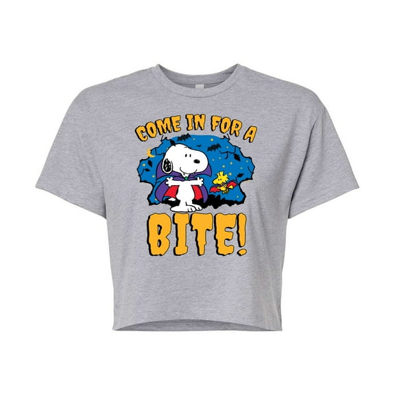 Peanuts - Snoopy Come In For A Bite - Juniors Cropped Cotton Blend T-Shirt
