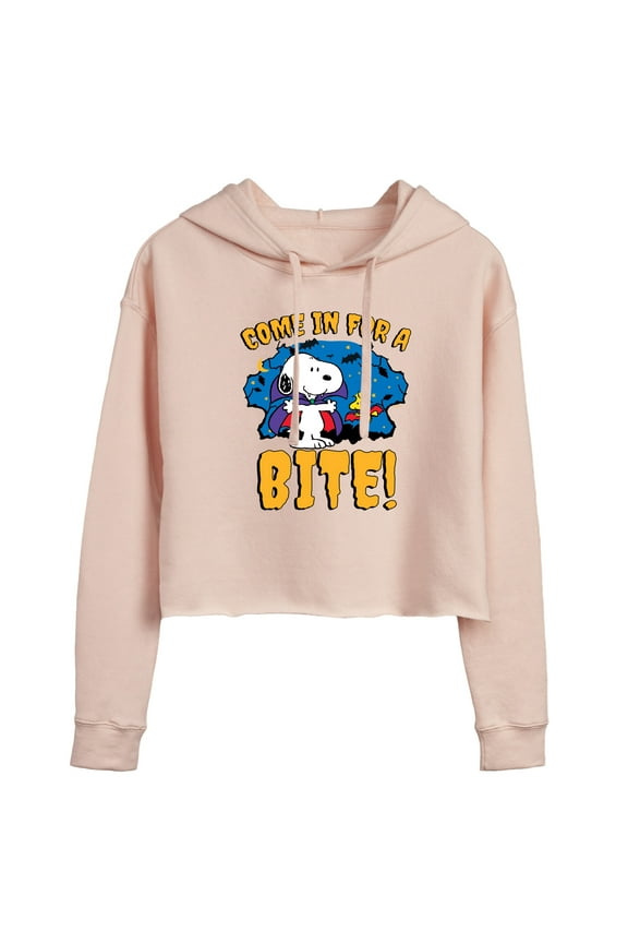 - Snoopy Come In For A Bite - Juniors Cropped Pullover Hoodie