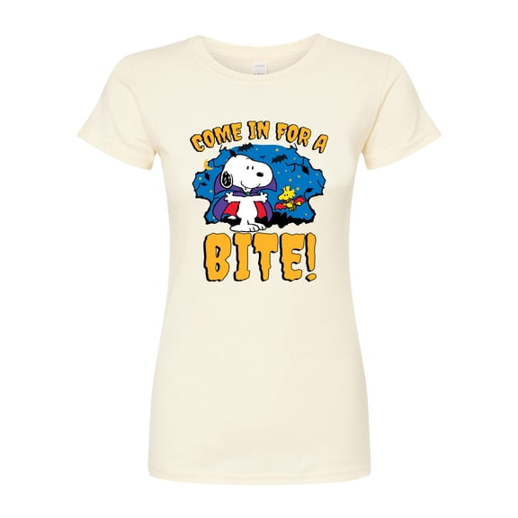 Peanuts - Snoopy Come In For A Bite - Juniors Fitted Graphic T-Shirt