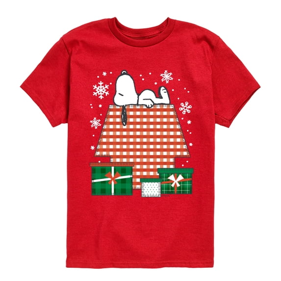 Peanuts - Snoopy Doghouse Christmas Patchwork Boys' Short Sleeve Graphic T-Shirt