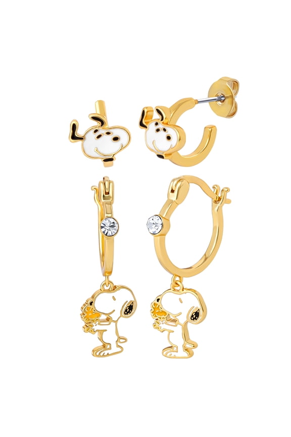Snoopy Earrings for Women 2 Pairs Official License, Gold-Tone Huggies and Hoops with Enamel Pendant Charm and Crystal Accent