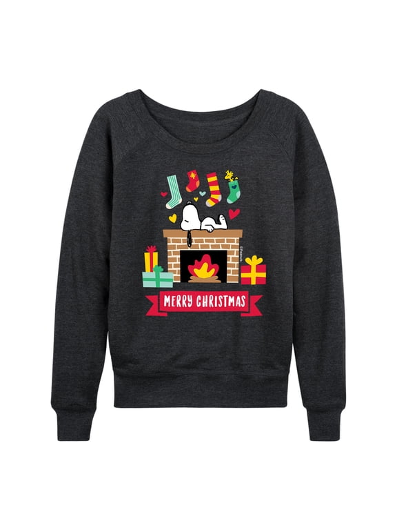 - Snoopy Christmas Fireplace Women's Lightweight French Terry Wide Neck Long Sleeve Graphic Shirt