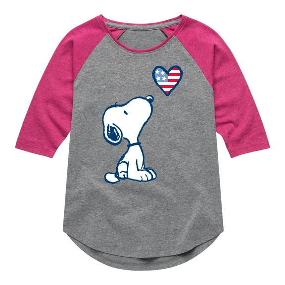 Peanuts - Snoopy Flag Heart - Toddler & Youth Girls Raglan Graphic T-Shirt