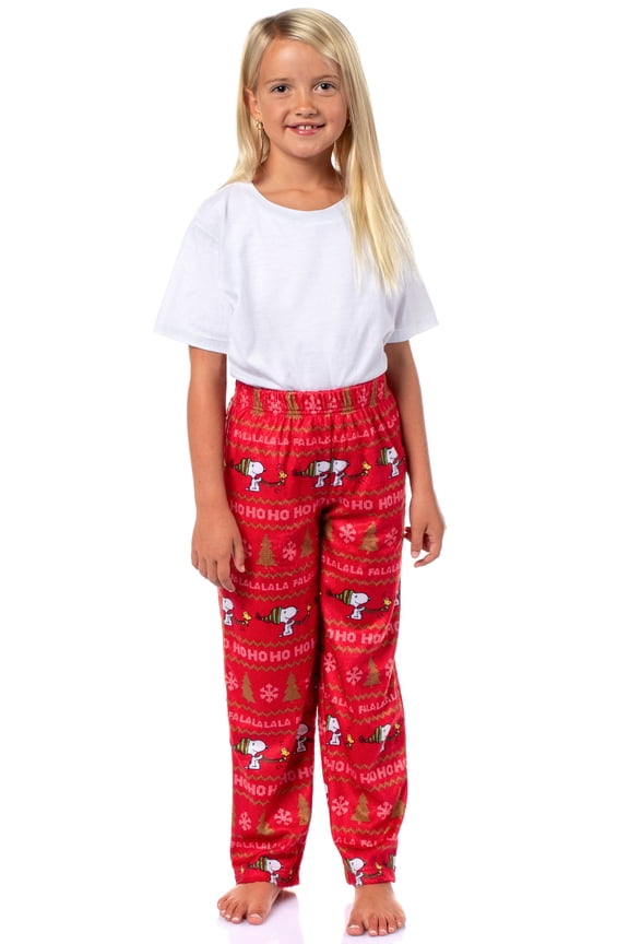 Peanuts Snoopy Girl's Christmas Sweater Sleep Tossed Print Pajama Pants For Kids