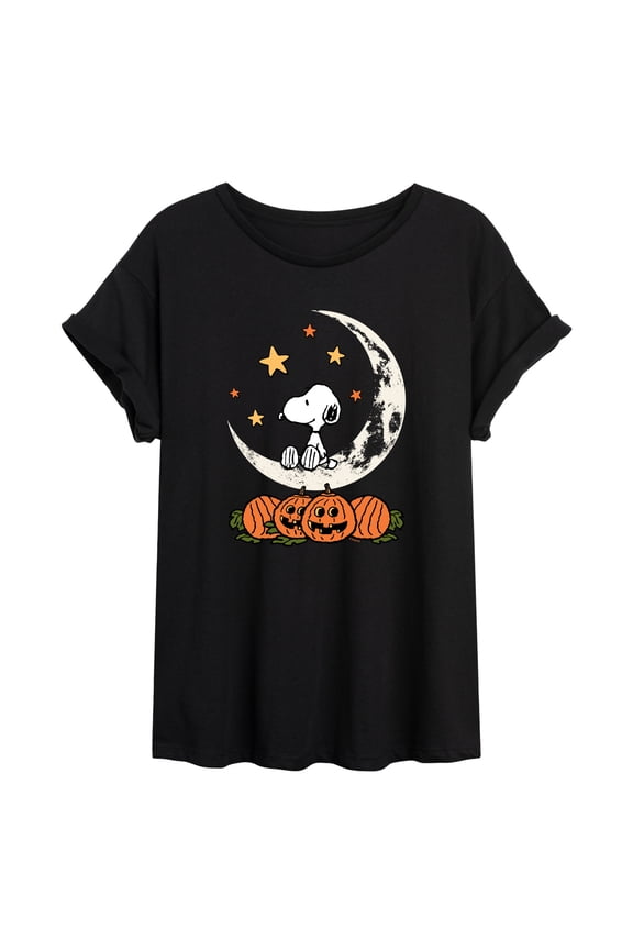 - Snoopy Halloween Moon - Juniors Oversized Graphic T-Shirt