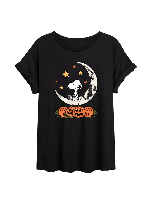 - Snoopy Halloween Moon - Juniors Oversized Graphic T-Shirt