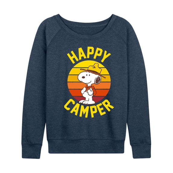 Peanuts - Snoopy Happy Camper Women's Lightweight French Terry Wide Neck Long Sleeve Graphic Shirt
