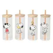 Peanuts Snoopy Happy Sips 4 Piece 23 OZ Tumbler Set with 4 Bamboo Lids and 4 Straws Set, Iced Coffe, Smoothie, Water Cup - Dishwasher Safe