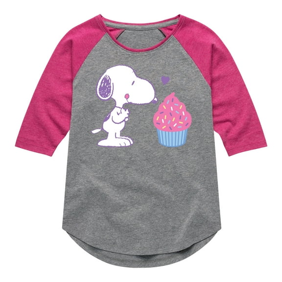 Peanuts - Snoopy Heart Cupcake - Youth Girls Raglan Tee